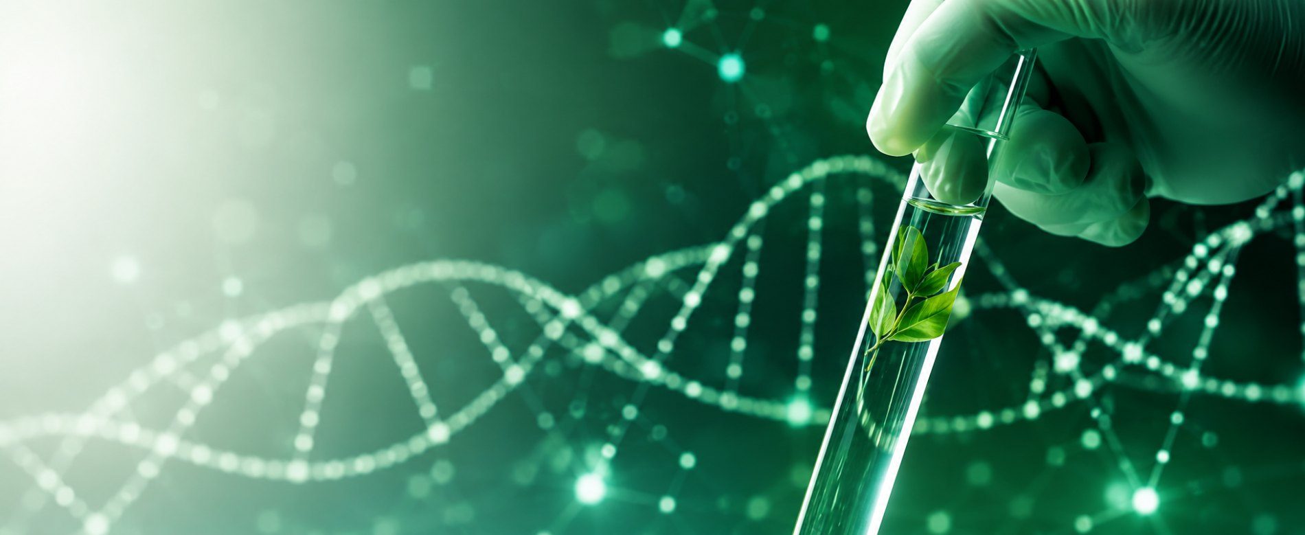 Gloved hand holding a test tube with a green leaf against a DNA helix backdrop
