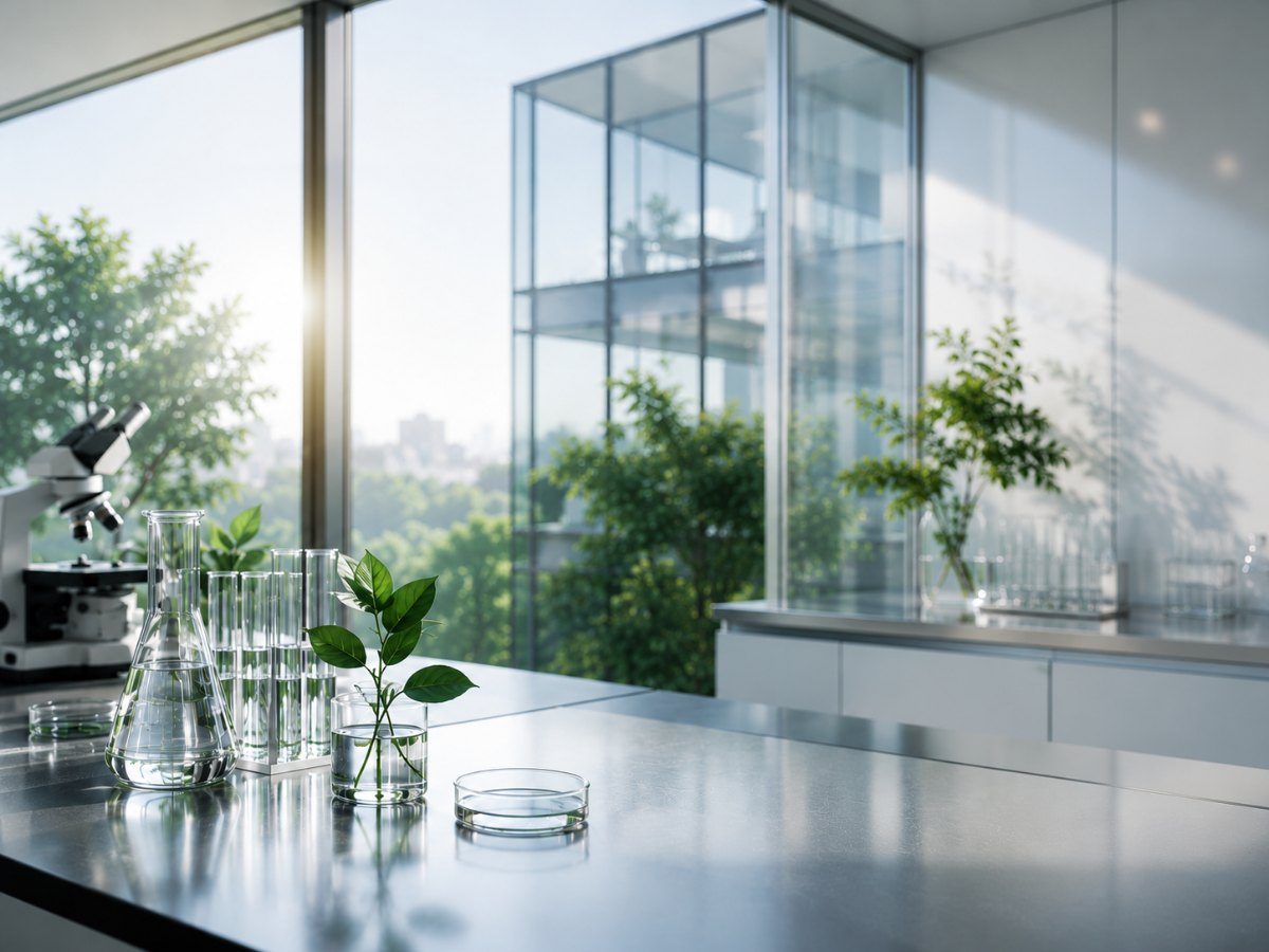 Sunlit laboratory bench with flasks, test tubes and plant cuttings by a window