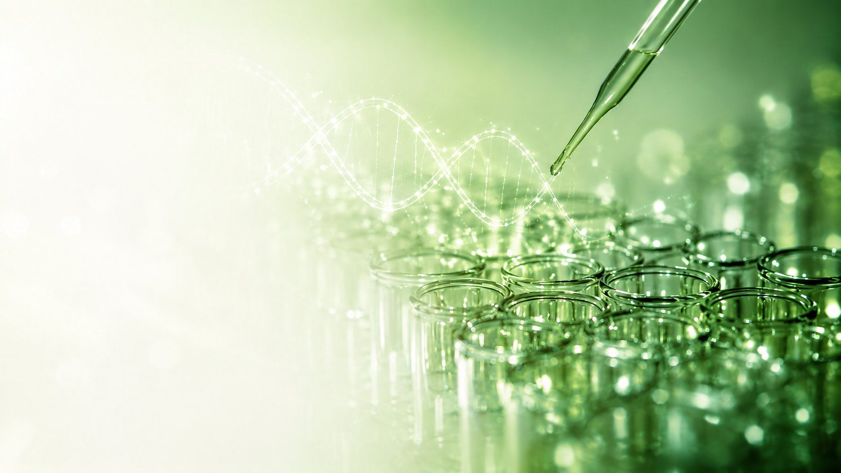 DNA helix motif over a multi-well plate with a pipette