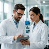 Two scientists reviewing data