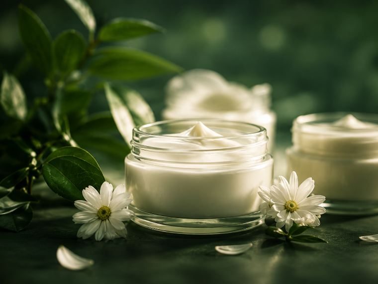 Cream jars with botanicals