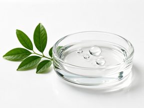 Clear liquid droplets in a glass dish with foliage